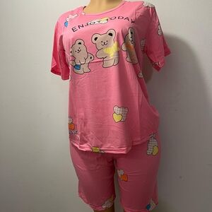 Charming Pink Bear Print Kids Pajama Set